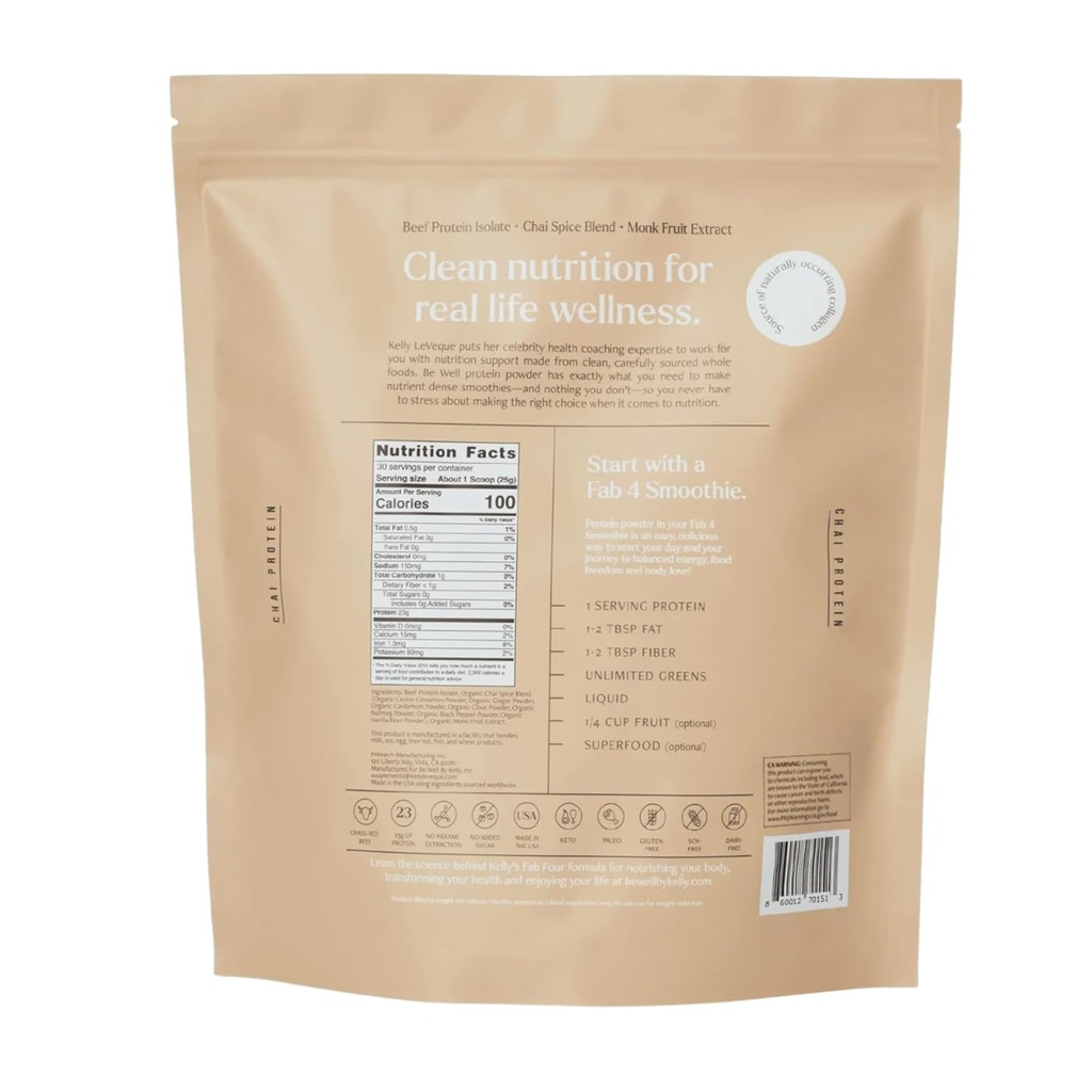 Være godt af Kelly Chai Grass- Fed Beef Protein Powder, 23G af Protein & 1G af Carbs (3 ingredienser, 30 Servere) 9 Aminosyrer + 3 BCAAs No Soy, Ingen Dairy, Stevia- Free, Ingen Sukker Tilføjet 1.65lb 750g