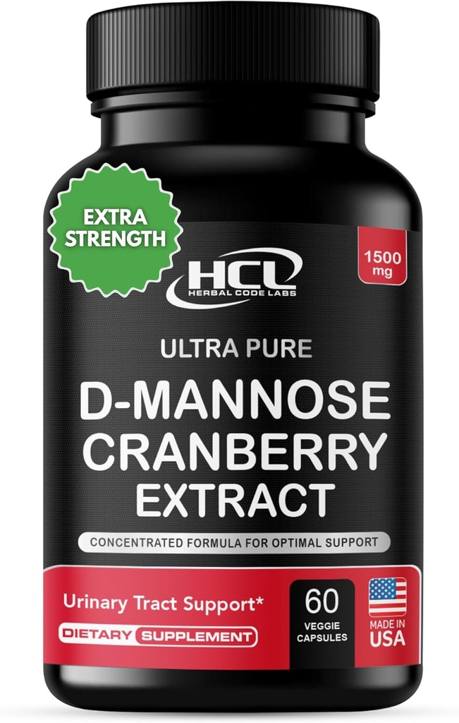 HCL HERBAL KODE LABS D- Mannose med Cranberry Extract Capsules 1500mg - High Potency USP Grade D- Mannose Supplement med hel frugt Cranberry Powder - Urinvejning - Non- GMO 60 Kapsler