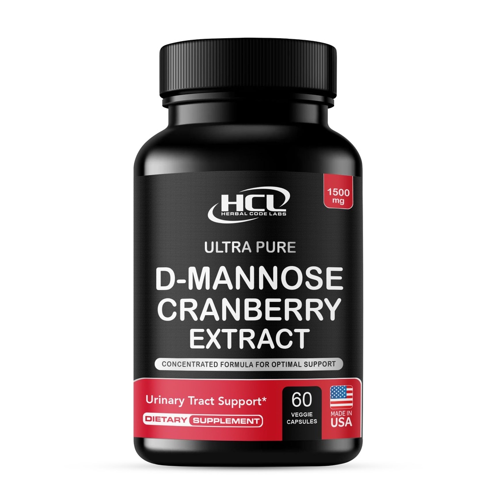 HCL HERBAL KODE LABS D- Mannose med Cranberry Extract Capsules 1500mg - High Potency USP Grade D- Mannose Supplement med hel frugt Cranberry Powder - Urinvejning - Non- GMO 60 Kapsler