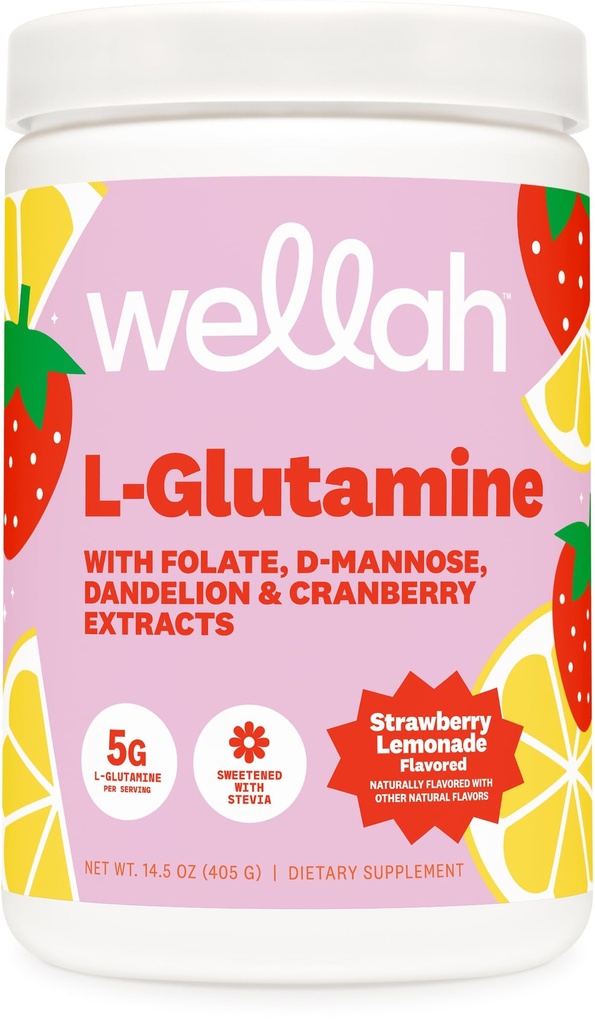 Wellah L- Glutamin Strawberry Lemonade Flavored (50 Servere) - 5g L- Glutamin Per Servering, sødet med Stevia