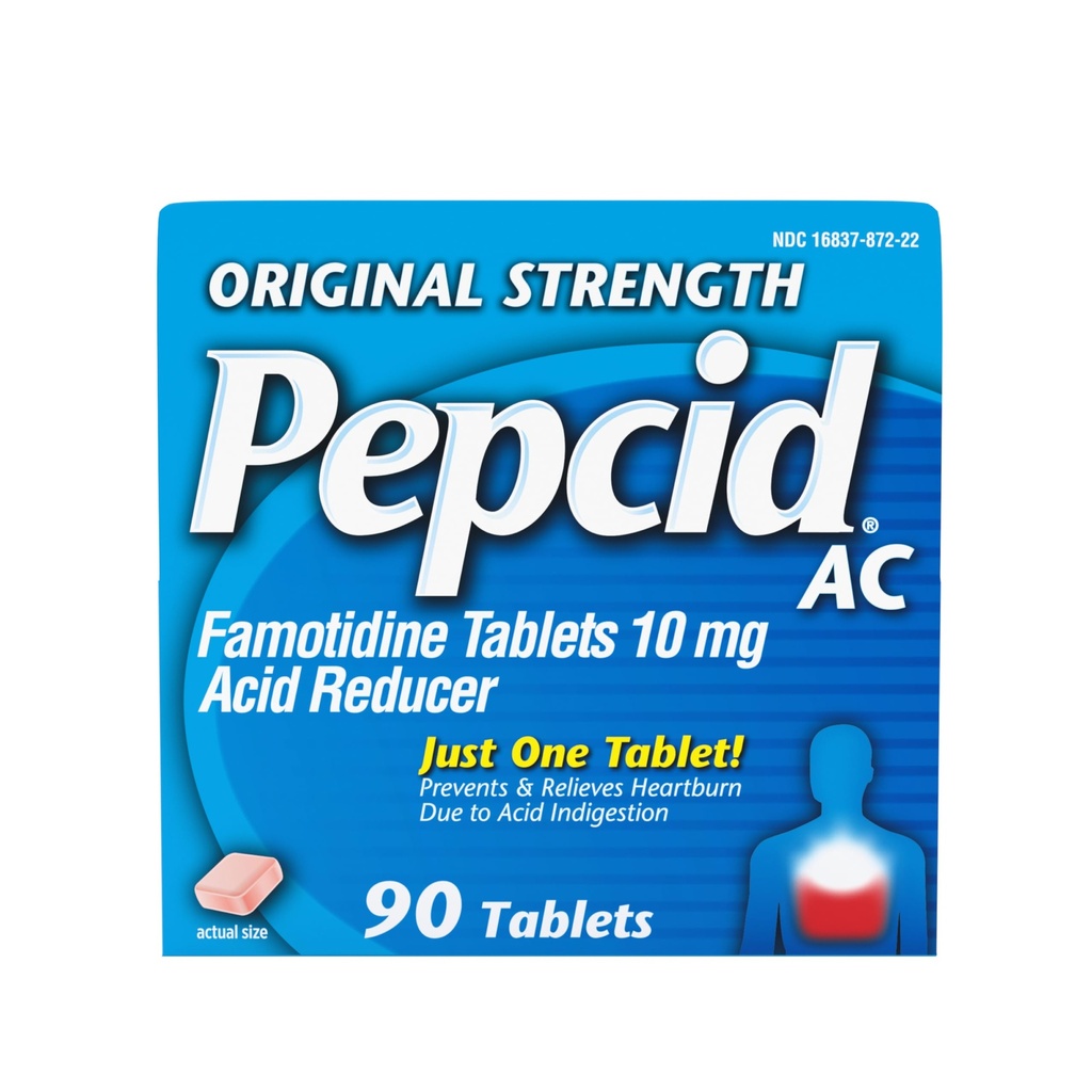 Pepcid AC Original Strength Heartburn Relief Tablets, OTC Medicine Prevents & Relieves Heartburn På grund af syrefordøjelse & sour Mavesæk, 10mg Famotidinsyre Reducer, Fast- Actioning, 90 ct