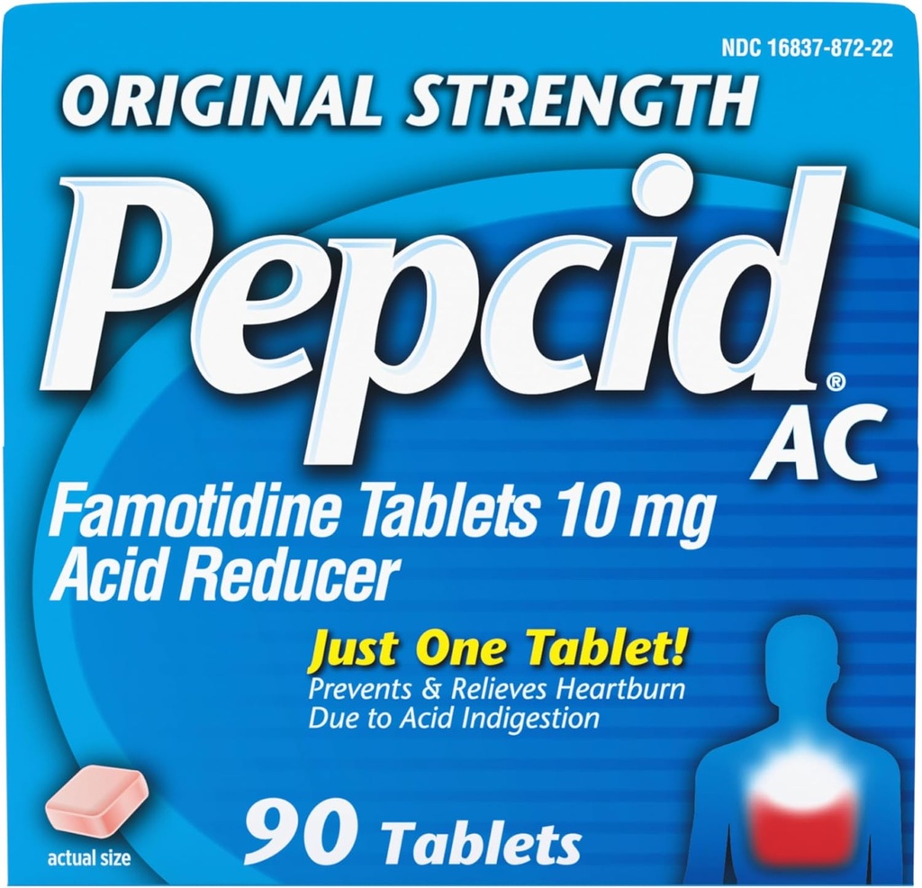Pepcid AC Original Strength Heartburn Relief Tablets, OTC Medicine Prevents & Relieves Heartburn På grund af syrefordøjelse & sour Mavesæk, 10mg Famotidinsyre Reducer, Fast- Actioning, 90 ct