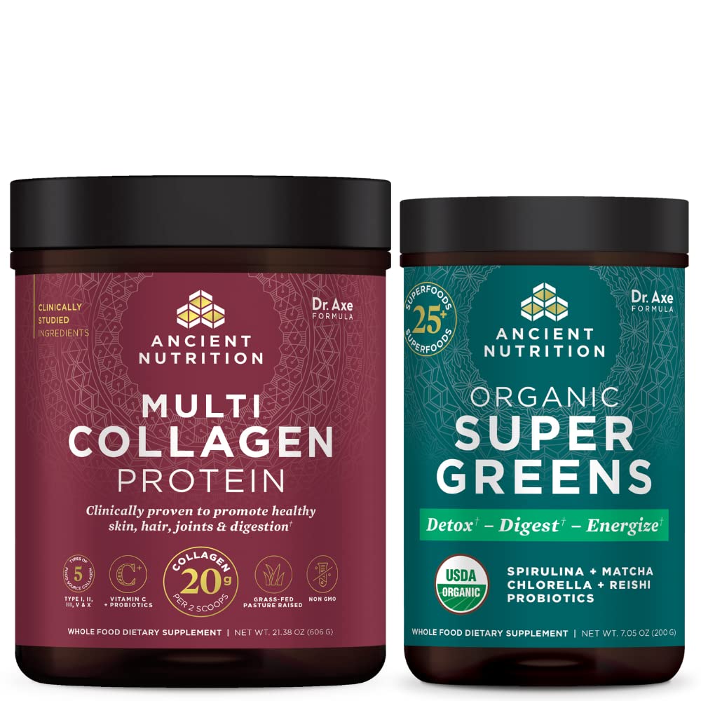 Ancient Nutrition Multi Collagen Protein Powder, Unflavored, 60 Servere + Supergreens Powder, Green Flavor, 25 Servere