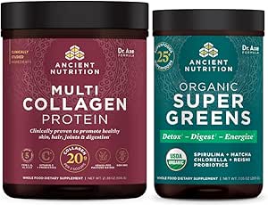 Ancient Nutrition Multi Collagen Protein Powder, Unflavored, 60 Servere + Supergreens Powder, Green Flavor, 25 Servere