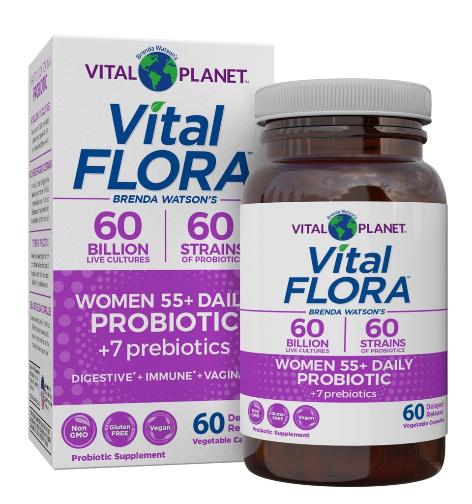 Vital Planet - Vital Flora Kvinder Over 55 Daglige Probiotiske, 60 Millioner CFU, Diverse Strops, Organic Prebiotics, Vaginal og immunforsvar, fordøjelsesprobiotika til kvinder 60 Kapsler