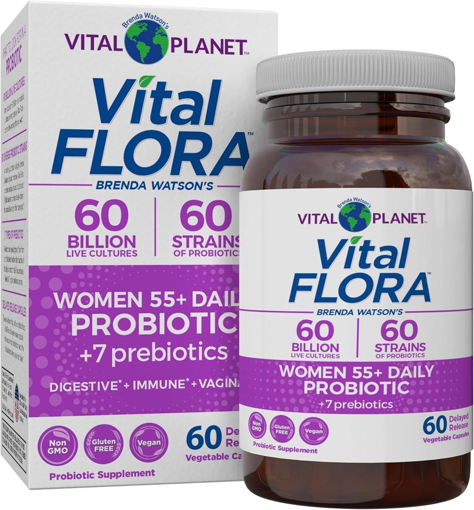 Vital Planet - Vital Flora Women Over 55 Daily Probiotic, 60 Billion CFU, Diverse Strains, Organic Prebiotics, Vaginal and Immune Support, Digestive Health Probiotics for Women 60 Capsules