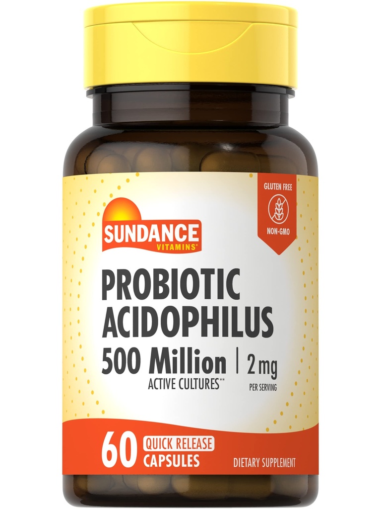 Sundance Probiotisk Acidophilus • 124; 500 millioner aktive kulturer • 124; 60 hurtige frigivelse kapsler • 124; Non- GMO, Gluten Free Supplement