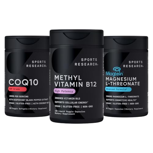 Sports Research® Celular Energy Pack - Plant Based Vitamin B12 as Methylcobalamin 2000mcg + CoQ10 100mg Enhanced w/Coconut Oil & Bioperine + High-Absorption Magtein® 2000mg