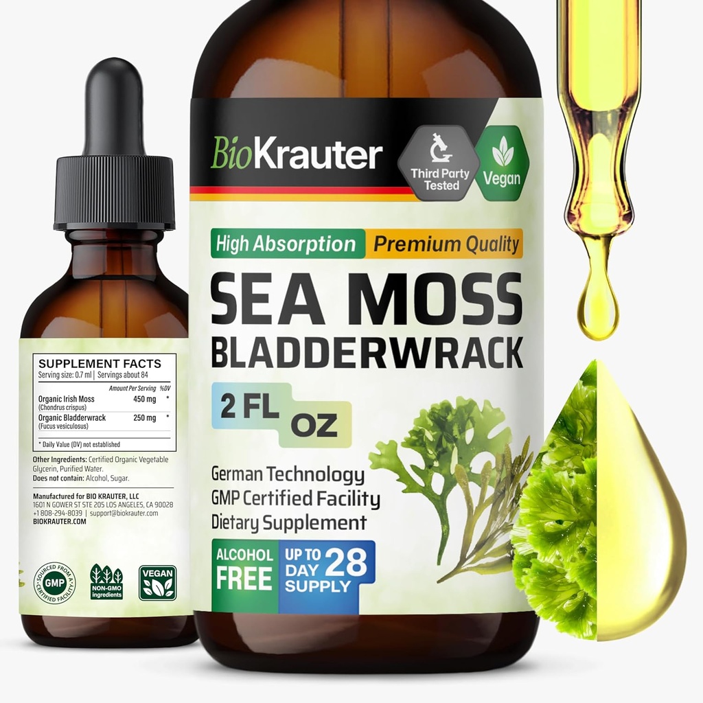 BIO KRAUTER Irish Sea Moss Drops - Chondris Crispus Sea Moss tillæg med Bladerwrack - Alkohol & Sukker Free Jod tillæg - 2 Fl.Oz.