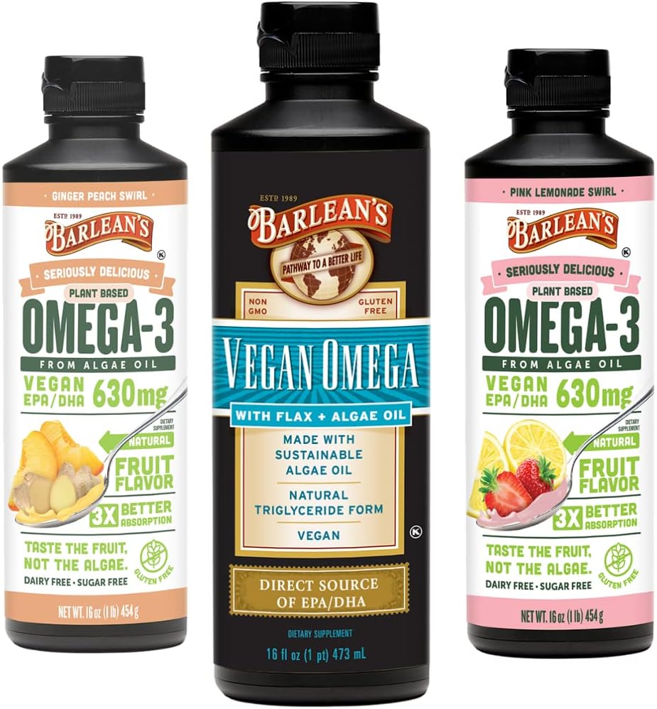 Barlean's Vegan Omega 3 Algae Oil Liquid Supplement Bundle, Includes Flaxseed and Algae Oil Blend, Ginger Peach, and Pink Lemonade Flavors, EPA and DHA Fatty Acids