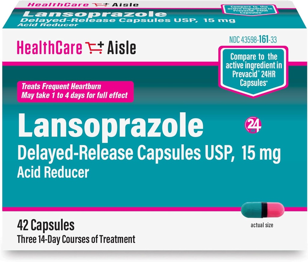HealthCareAisle Lansoprazol 15 mg - 42 Forsinkede frigivelseskapsler - Acid Reducer, Treats Hyppig Heartburn