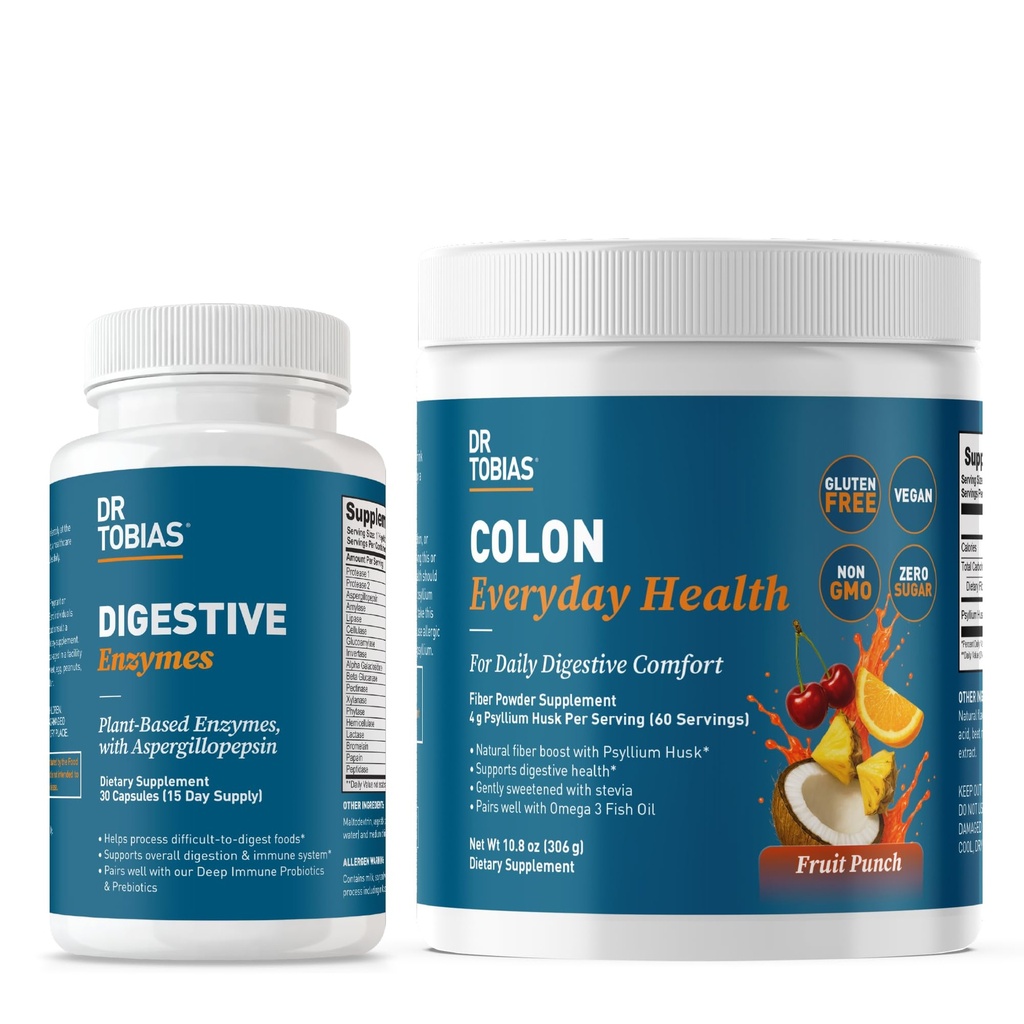 Dr. Tobias Digestive Enzymes with Amylase, Bromelain & 18 Plant-Based Enzymes + Colon Everyday Health Fruit Punch – Digestive Enzyme Capsules & 4g Psyllium Fiber Drink for Daily Gut Function