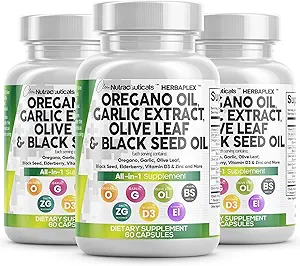Rene nukleosteroider Oregano Oil Hvidløg Uddrag Olive Leaf Black Seed Oil - immunforsvar & fordøjelsestilskud for kvinder og mænd med vitamin D3 & Zink - 3Pack