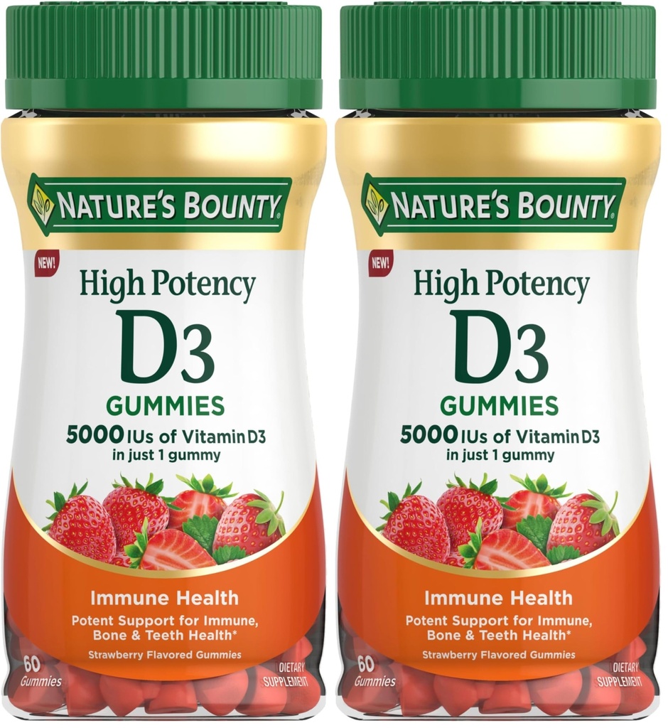Nature's Bounty Vitamin D 5000 IU Gummies, Vitamin D3 High Potency Immune Support & Bone Health Supplement, 5000 IU in 1 Gummy,Strawberry Flavor for Adults, 60 Vegetarian Gummies (Pack of 2)
