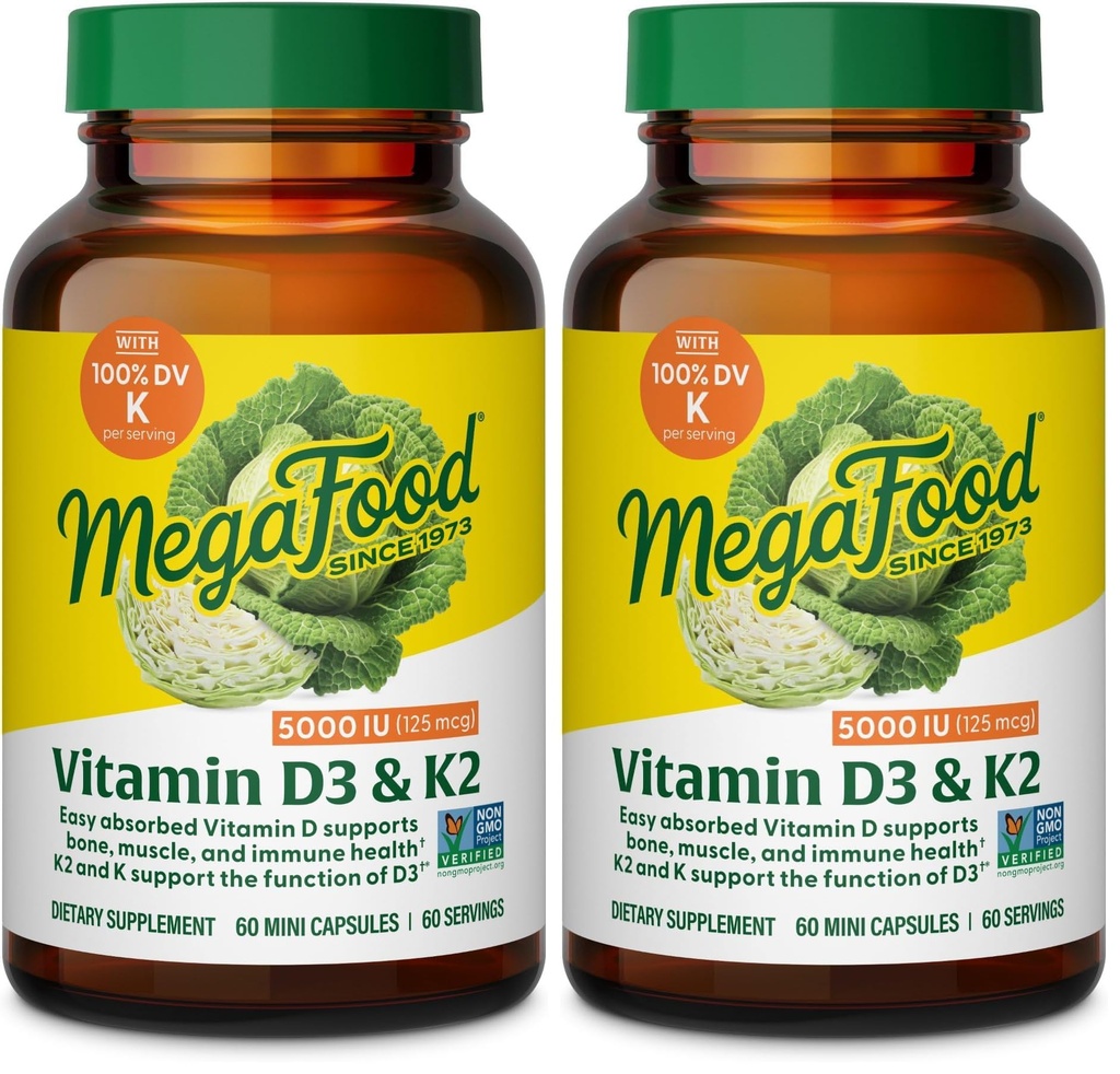 MegaFood Vitamin D3 5000 IU (125 mcg) - Vegetarian Supplements with Vitamin D3 K2 - Supports Bones, Teeth, Muscles & Immune Health - Certified Non-GMO - 60 Mini Capsules, 60 Servings (Pack of 2)