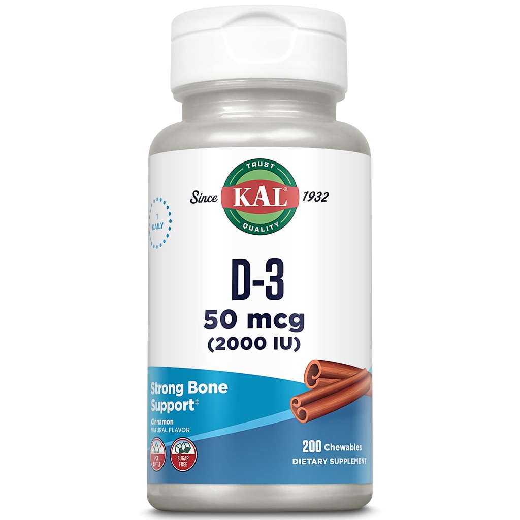 KAL Vitamin D3 Chewables 50 mcg, Vitamin D 2000 IU as Cholecalciferol, Sugar Free, Natural Cinnamon Flavor D3 Vitamin, Immune Support & Bone Health, 200 Servings, 200 Chewables