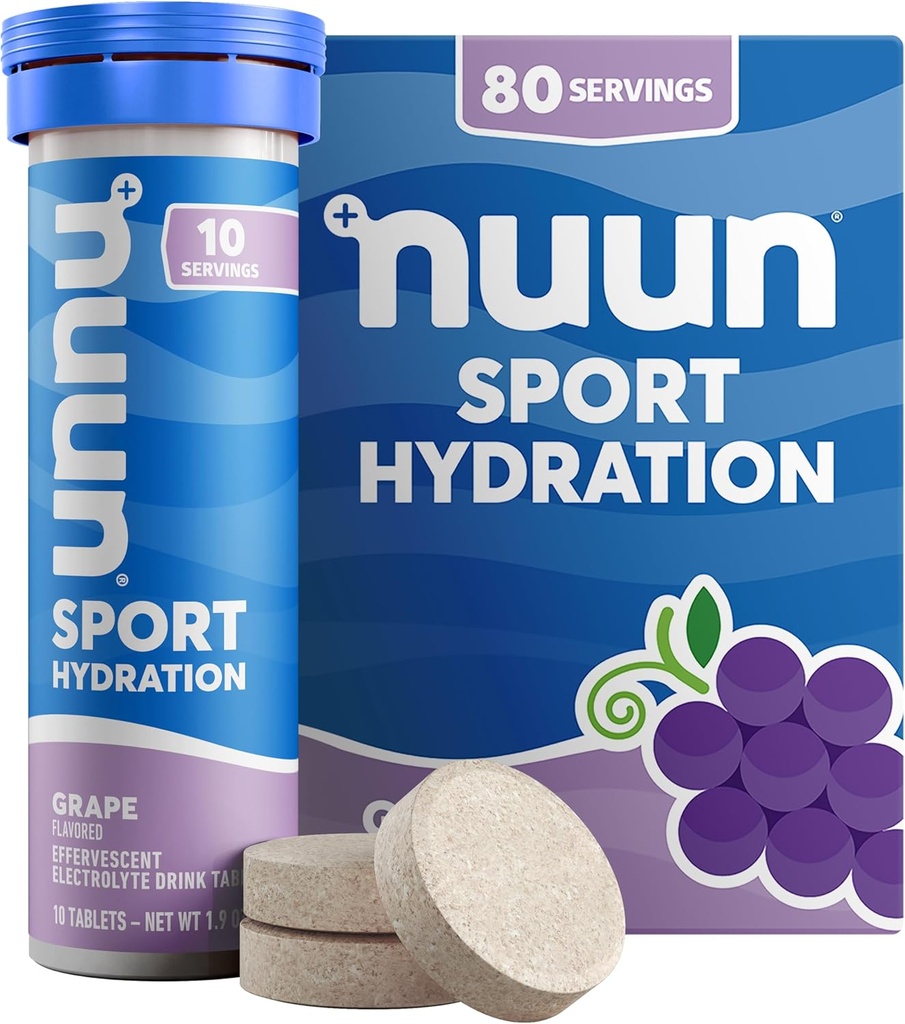 Nuun Sport Electrolyte Tablets med Magnesium, Calcium, Kalium, Chlorid & Natrium, Gluten Free & Vegan, Grape, 8 Pack (80 Servere i alt)