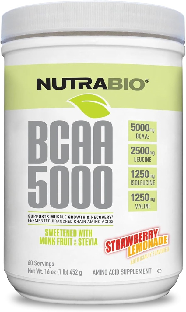 NutraBio BCAA 5000 Powder - Gæret forgrenet kæde Aminosyrer til muskelvækst & Inddrivelse - Naturlige smagsstoffer, sødestoffer og farve, Vegan, Gluten Free - Jordbær Lemonade, 60 Servere
