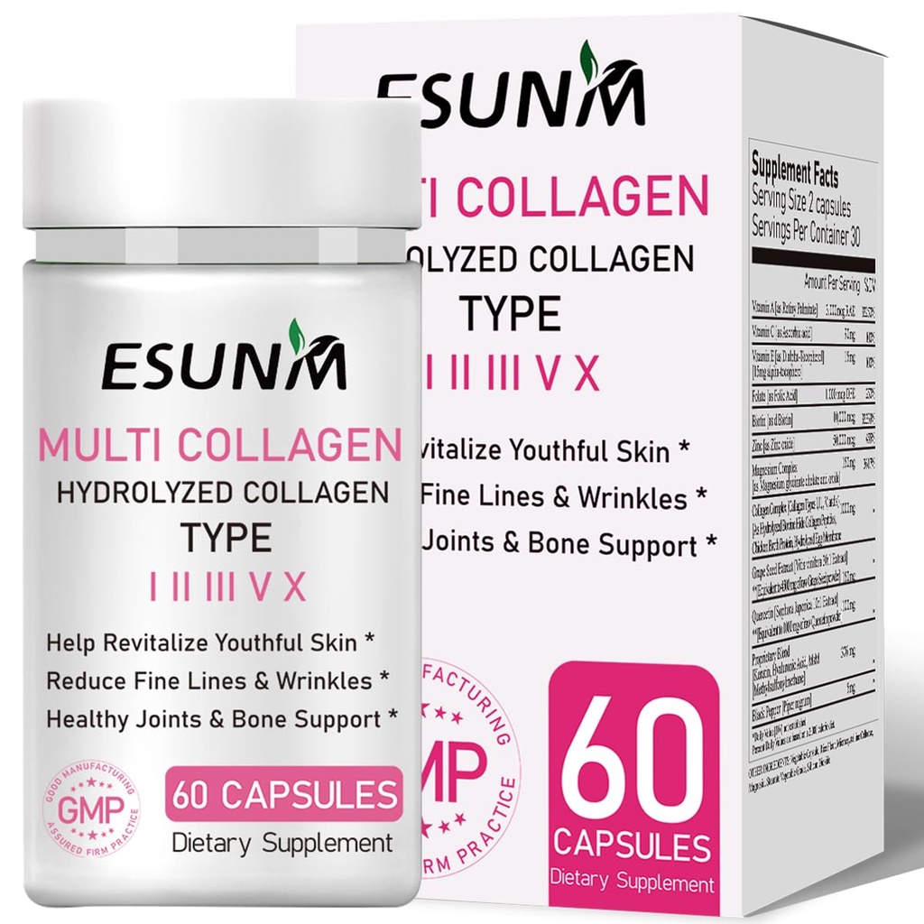 ESUNM Multi Collagen Capsules for Women & Men - Type I, II, III, V, X - Hydrolyzed Collagen Supplements with Biotin, Vitamin C for Hair, Skin, Nail & Joint Support, 60 Capsules,30 Servings