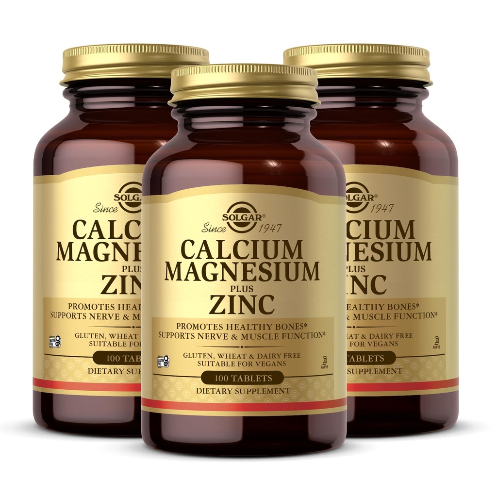 Solgar Calcium Magnesium Plus Zink, 100 tabletter (pakke med 3) - fremmer sunde knogler og tænder - understøtter nerve & muskel funktion - non-GMO, Vegan, Gluten Free, Dairy Free, Kosher - 100 Total Servering