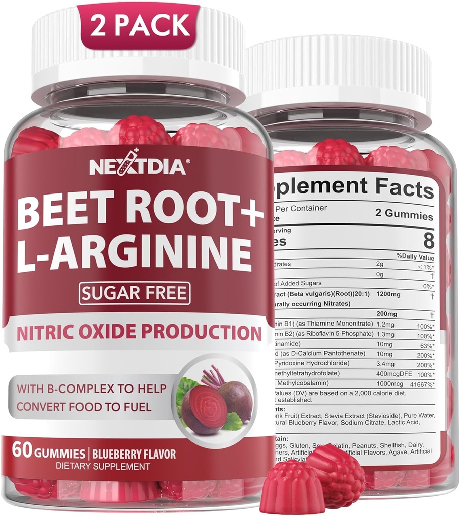 Beet Root Gummies & L- Arginin, nitrogenoxid Kosttilskud til mænd og kvinder w / Organic Beets, B1, B2, B3, B5, B6, Folate, B12 for Energy Boost & Circulation Support, Sugar Free, 120 Cts