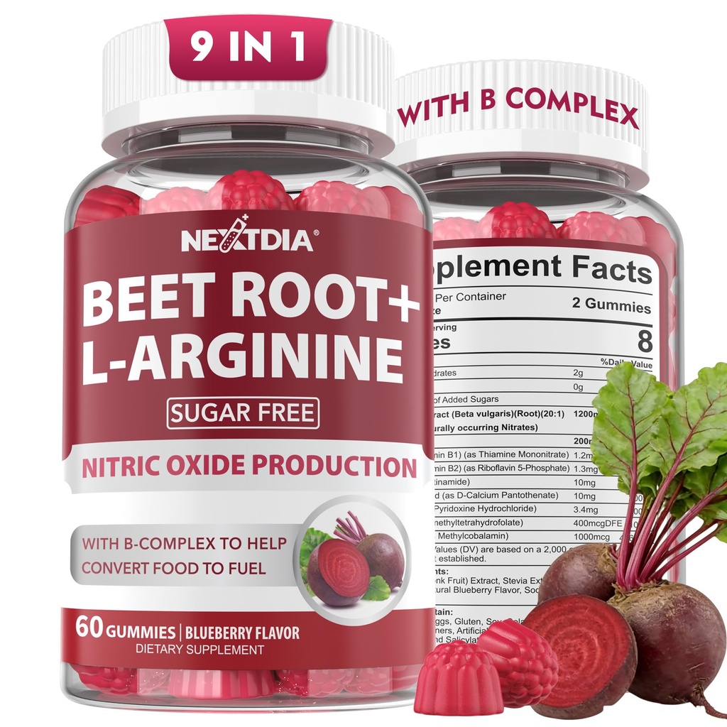 Beet Root Gummies & L- Arginin, nitrogenoxid Kosttilskud til mænd og kvinder w / Organic Beets, B1, B2, B3, B5, B6, Folate, B12 for Energy Boost & Circulation Support, Sugar Free, 120 Cts