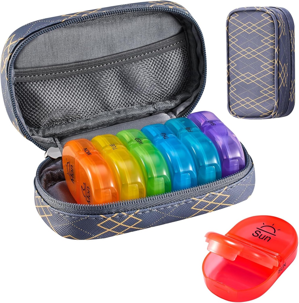 Serfeymi Weekly Travel Pill Organizer 2 gange en dag PM opgraderet Rainbow Pill Box 7 dag med transportabel lynlås PU Leather Pill sag, Medicin Organizer til piller, Vitaminer, Fish Oils - Lines 01