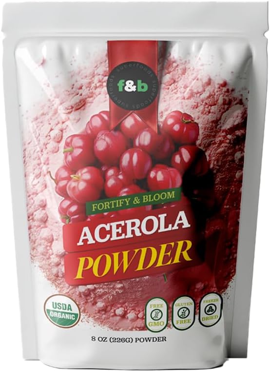 f & b superfoods Pure Organic Acerola Cherry Powder Freeze Tørret (8oz), Organic Vitamin C Pulver til immunsystemet Booster, Smoothie, Cherry Juice, Acerola Vitamin c Bulk Powder, Brasilien Oprindelse.