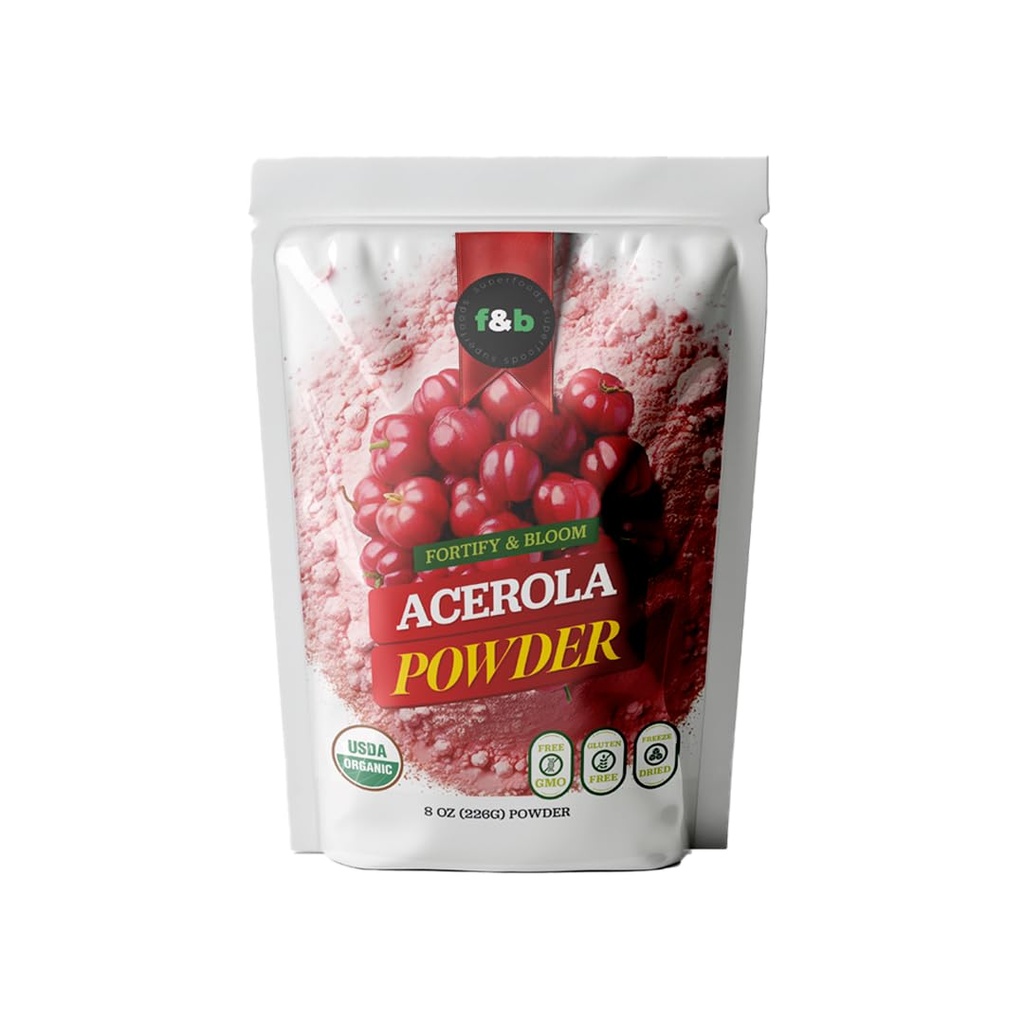 f & b superfoods Pure Organic Acerola Cherry Powder Freeze Tørret (8oz), Organic Vitamin C Pulver til immunsystemet Booster, Smoothie, Cherry Juice, Acerola Vitamin c Bulk Powder, Brasilien Oprindelse.