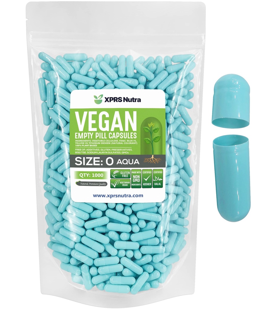 XPRS Nutra Size 0 Empty Capsules - 1000 Count Empty Vegan Capsules - Vegetarian Pills - DIY Vegetable Capsule Filling- Veggie Pill Gel Caps for Do-It-Yourself Supplements (Aqua)