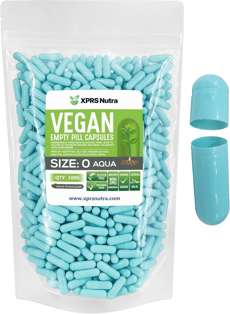 XPRS Nutra Størrelse 0 Tomme kapsler - 1000 Tomme Veganske kapsler - Vegetariske piller - DIY vegetabilsk kapsel Filling- Veggie Pille Gel Caps for Do- It- Yourself Kosttilskud (Aqua)