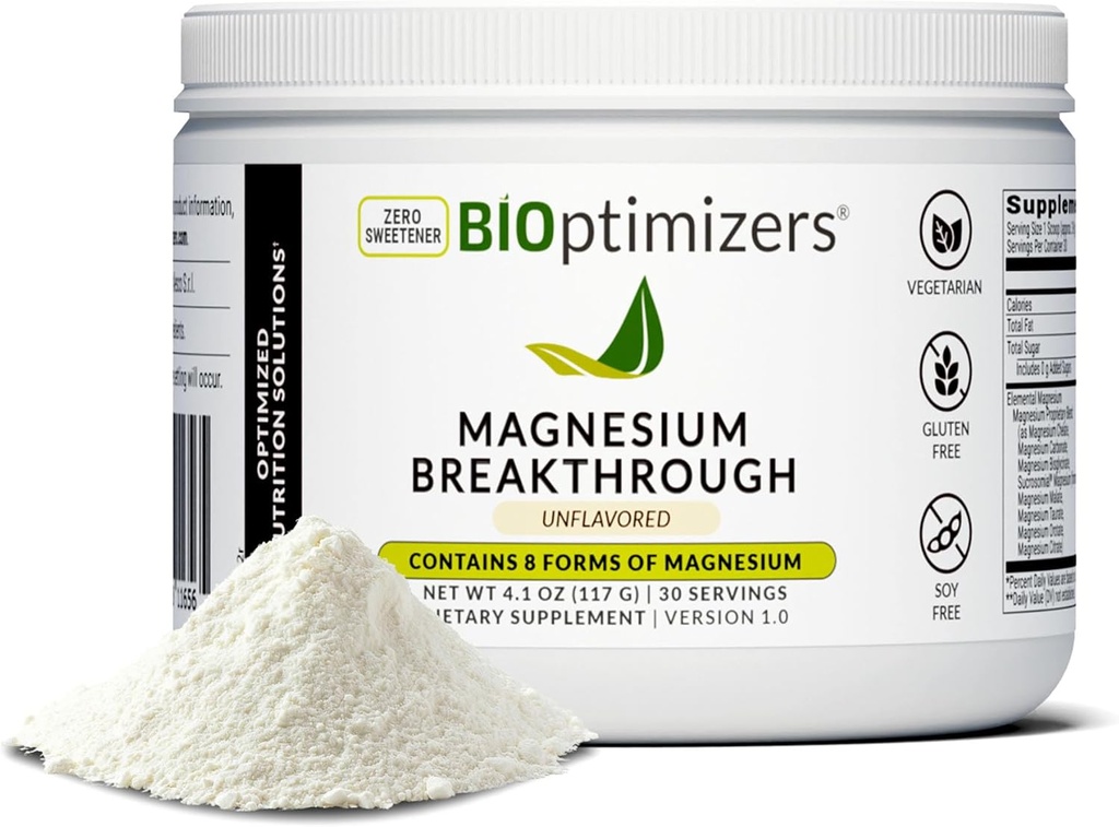 BIOptimizers Magnesium Breakthrough Drink - 8 former for Magnesium, Electrolytes, Sleep Health, Stress, Muscle Recovery, Heart Support Medical 124; Glycinat, Citrate, Malat