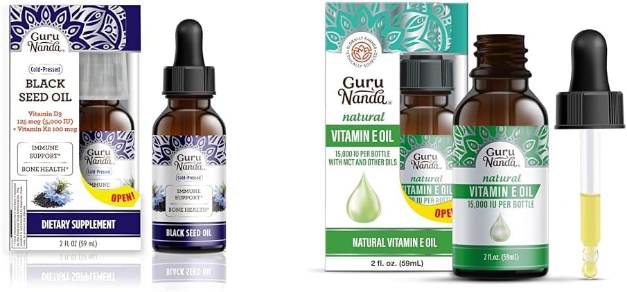 GuruNanda Black Seed Oil, Cold- Pressed Nigella Sativa - Rich in Vitamin D3 5000 Enheder, K2 & E & Vitamin E Oil (2 Fl Oz) - 100% Pure & Natural, 15.000 IE pr. flaske for hud, hår, ansigt
