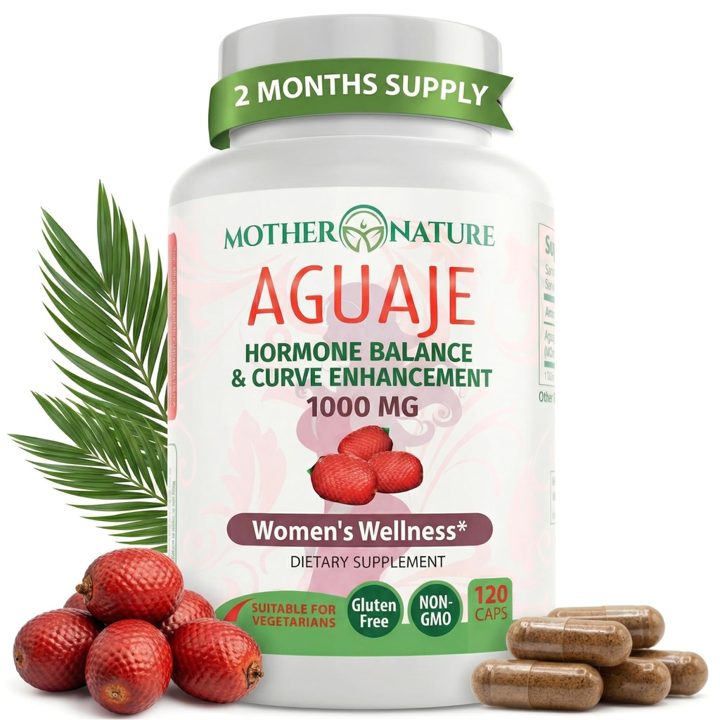 Mother Nature Aguaje Curves Capsules for Women, 1000mg (120ct), Natural & Sustainably Sourced Aguaje Fruit from Peru for Female Health, Hormone Balance, Curve Enhancer, Vegan, Non-GMO & Gluten-Free