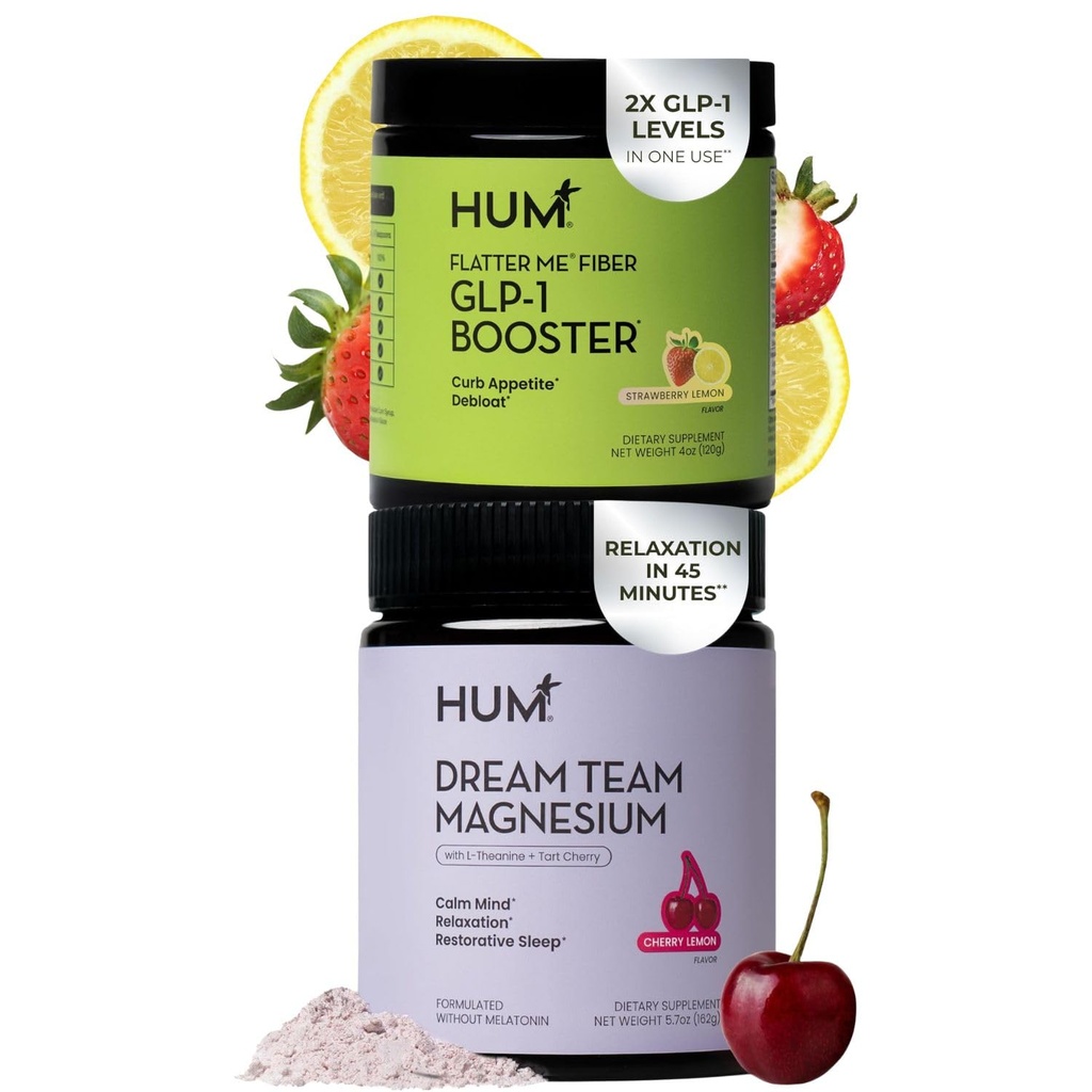 HUM Nutrition Flatter Me Fiber + Dream Team Magnesium Powder Bundle – Digestive Support Fiber & Magnesium Bisglycinate Drink Mix with L-Theanine & Tart Cherry, Cherry Lemon, 2-Product Wellness Routine