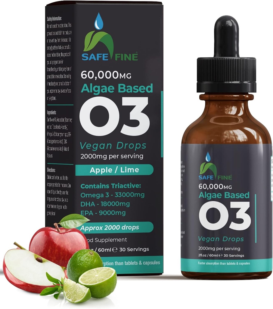Omega 3 Liquid Vegan Drops - DHA & EPA fra Algae Oil - 60 ml Dropper Flaske - 2000 mg per servering - Understøtter samlede krop wellness supplement til hele familien