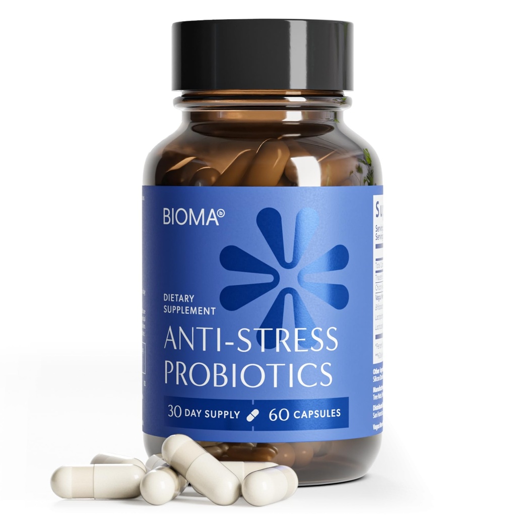 BIOMA Anti-Stress Probiotics – 3-in-1 Gut-Brain Axis Support for Stress Relief & Mood – Prebiotics, Postbiotics & Clinically Studied Strains – Vagus Nerve, Serotonin & Digestive Support – 60 Capsules