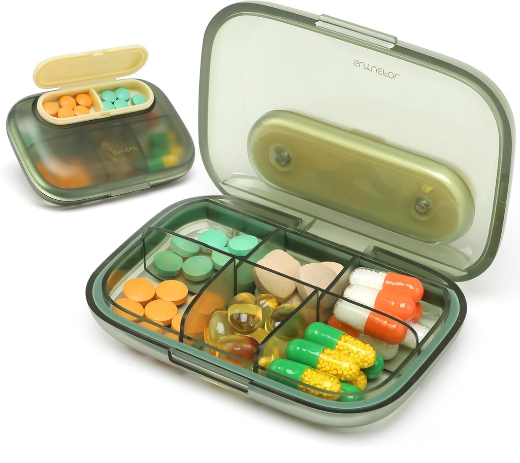 Toplive 6 Compartments Small Pill Case Travel Pill Organizer Pocket Medication Travel Case Portable Small Pill Container med Magnet Light -Proof Mini Pill Box, Grøn