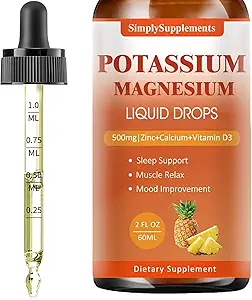Kalium Magnesium supplement - Kalium 99mg & 500mg Magnesium Glycinate Complex Liquid Drops med calcium, zink, vitamin B6, D3 - Energy & Bone & Muscle Support - 2 Fl oz