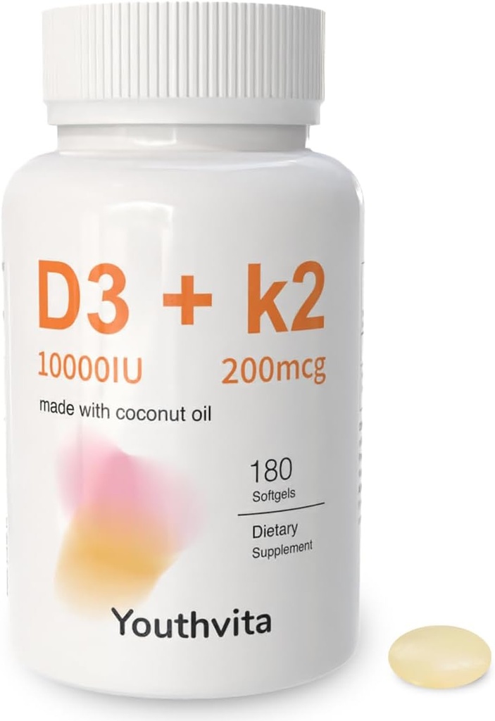d3 k2 Vitamin 10000 iu, 180 Coconut Oil Softgels | 2 in 1 Vitamins Supplement D3 10000 IU & K2 (MK7) 200 mcg, Easy to Swallow, Supports Calcium Absorption, Bone Immune, & Heart Health