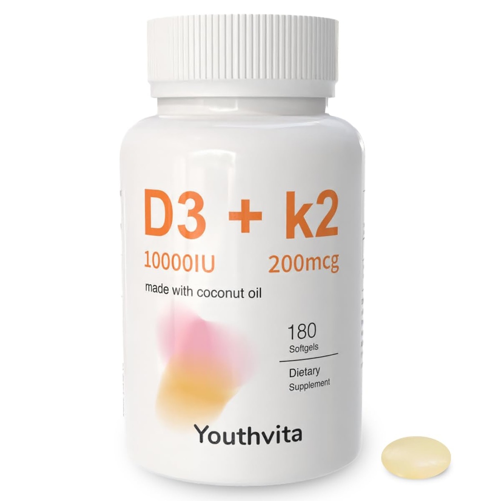 d3 k2 Vitamin 10000 iu, 180 Coconut Oil Softgels ttesmå 124; 2 i 1 Vitaminer Supplement D3 10000 IE & K2 (MK7) 200 mcg, Let at synke, Understøtter Calcium Absorption, Bone Immunation, & Heart Health