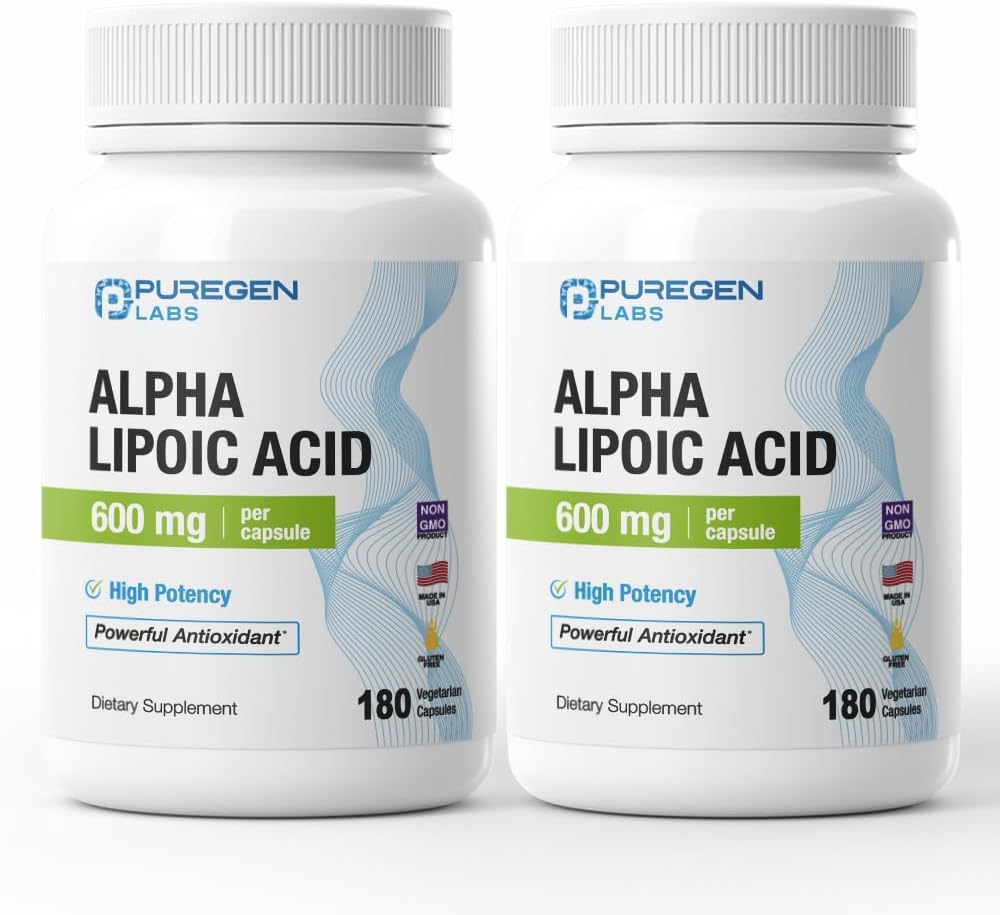 Puregen Labs Alpha Lipoic Acid 600 mg [høj potens] Total 360 Veggie Caps, Antioxidant Support (124; Ingen skadelige tilsætningsstoffer) 124; Non- GMO, NO Gluten og Dairy, 600 mg per kapsel - Made in USA - 2 Pack