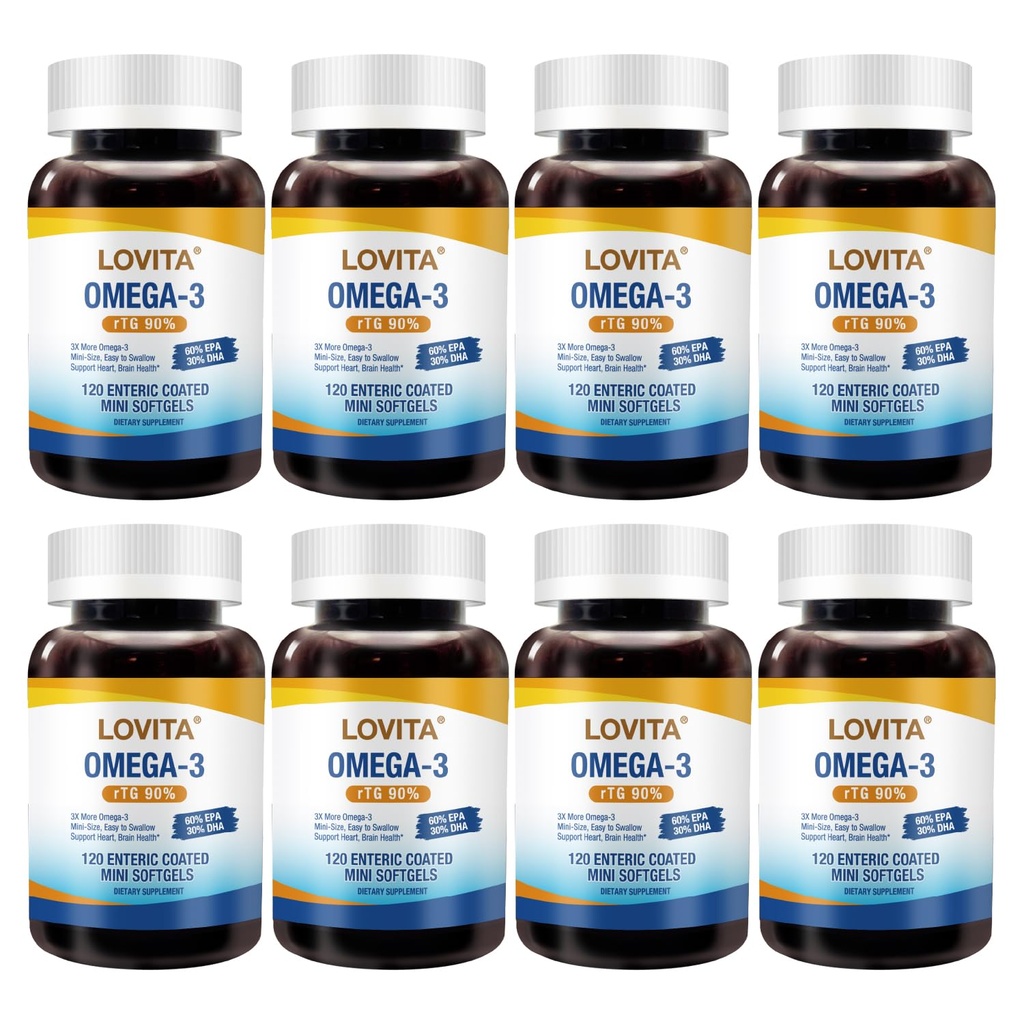 LOVITA 8-Pack Fish Oil Value Bundle - 960 Mini Softgels Total, 2000mg rTG Omega-3, Burpless Enteric-Coated for Brain & Eye Health