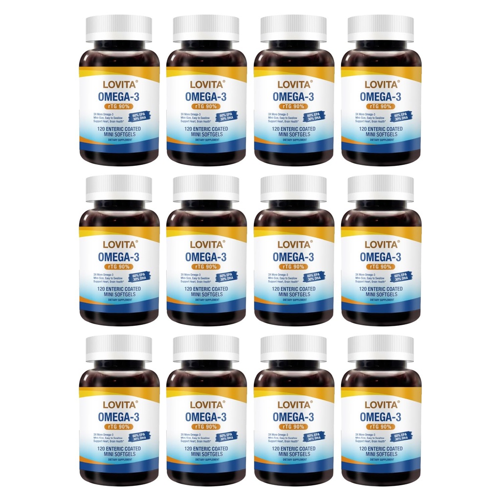 LOVITA 12-Pack Bulk Omega-3 Bundle - 1440 Mini Softgels, 2000mg rTG Form, Enteric-Coated Burpless Daily Supplement (Year Supply)
