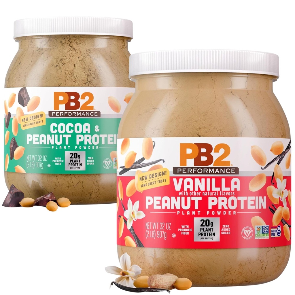 PB2 Performance Peanut Protein Powder Bundle - Dutch Cocoa & Madagascar Vanilla, 20g Vegan Plant-Based Protein, Non-GMO, Gluten-Free, Non-Dairy, 2lb/32oz Jar [Pack of 2]