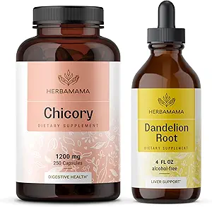 HERBAMAMA Chicory and Dandelion Kit - Bundle of 1200 mg Chicory Root Capsules & Dandelion Root Tincture 4 fl oz - Vegan, Non- GMO, Sugar & Alcohol- Free - 2 Pack