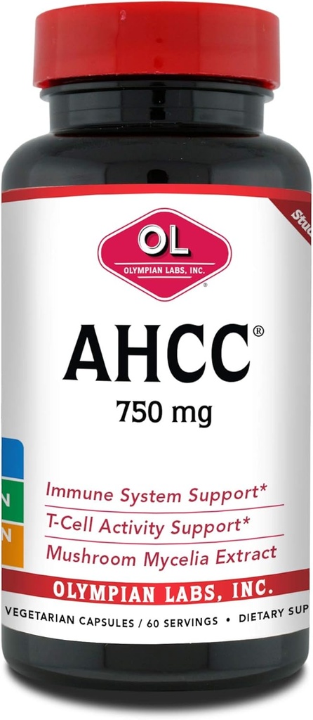 Olympian Labs Premium AHCC Supplement- 750mg AHCC per Capsule- Understøtter immunforsvar, lever funktion, og naturlige killer Cell Activity- 60 Caps