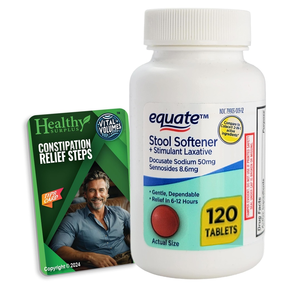 Healthy Surplus Equate Stool Softener Docusate Sodium 50mg Sennosides 8.6mg Laxative - 120 Tablets and Vital Volumes Constipation Stips Guide Bundle