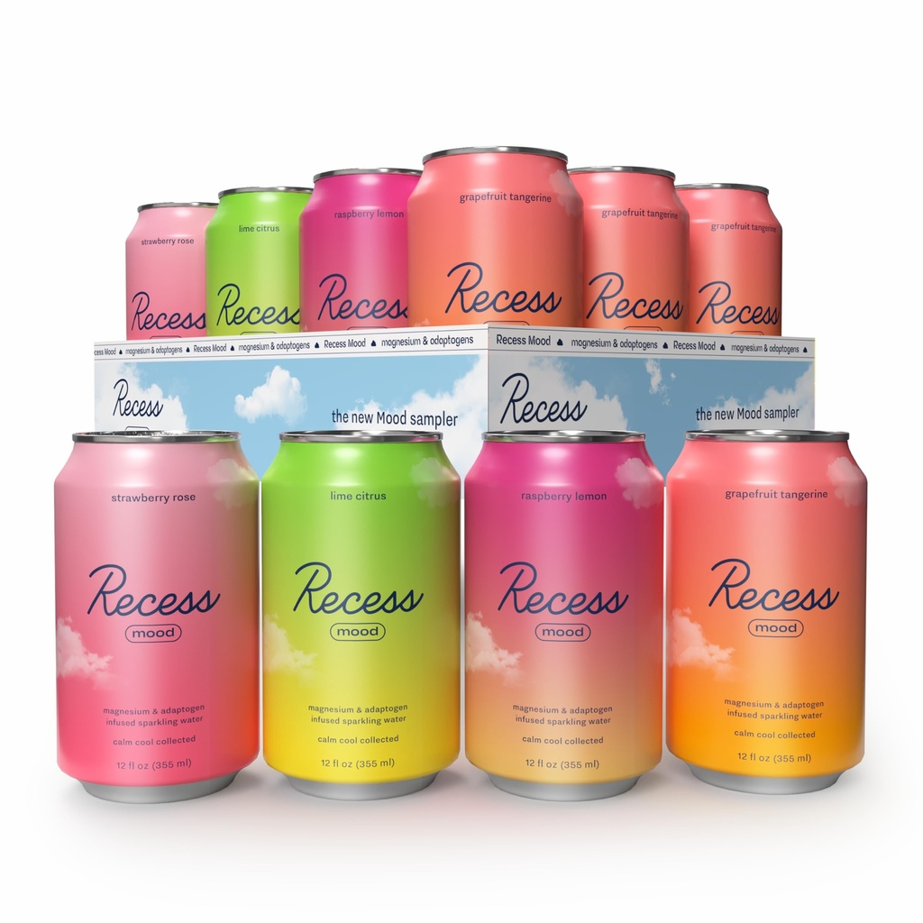 Recess Mood Magnesium & Adaptogen Drikke, Afslapning Drikkevarer, 12 Ounce (Variety Pack, 12 Pack)