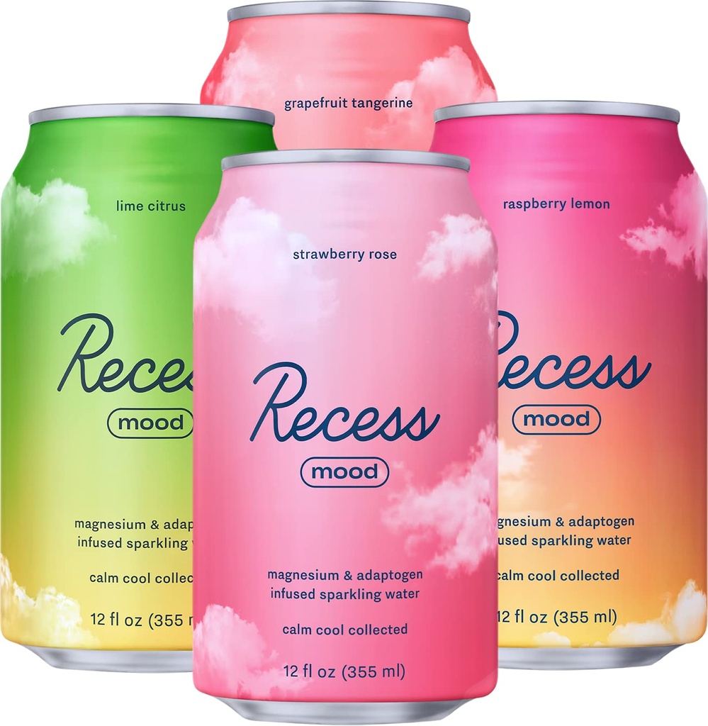 Recess Mood Magnesium & Adaptogen Drikke, Afslapning Drikkevarer, 12 Ounce (Variety Pack, 12 Pack)